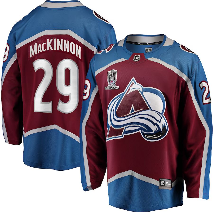 Men Colorado Avalanche #29 Nathan MacKinnon Fanatics Branded Burgundy 2022 Stanley Cup Champions Breakaway Patch Player NHL Jersey